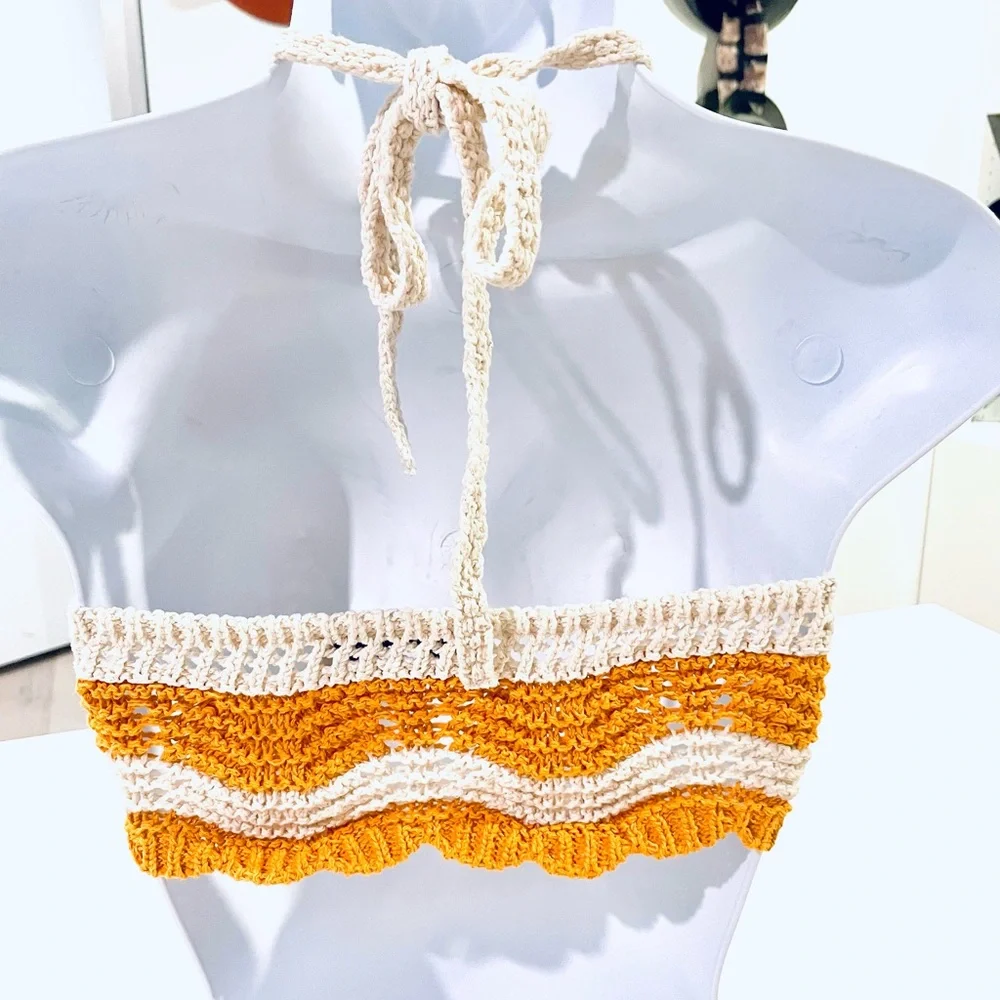 Zara open knit crochet sweater and crop top set in cream and orange size S